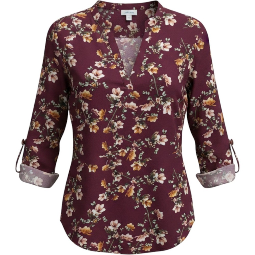 Misia Womens 1X Burgundy Floral V-Neck Roll Tab Sleeve Blouse